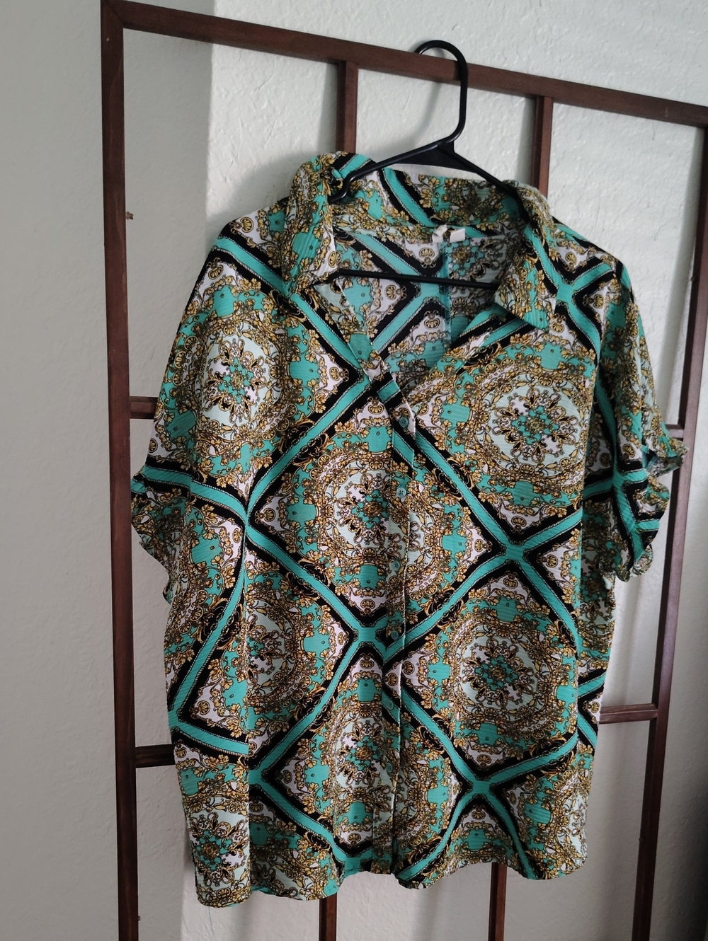 Cato Turquoise Medallion Print Short-Sleeve Shirt